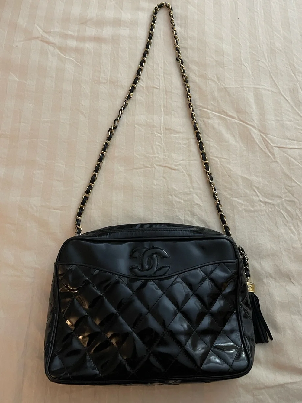 CHANEL Vintage Camera Black Quilted Patent Leather Shoulder Bag with Tassel